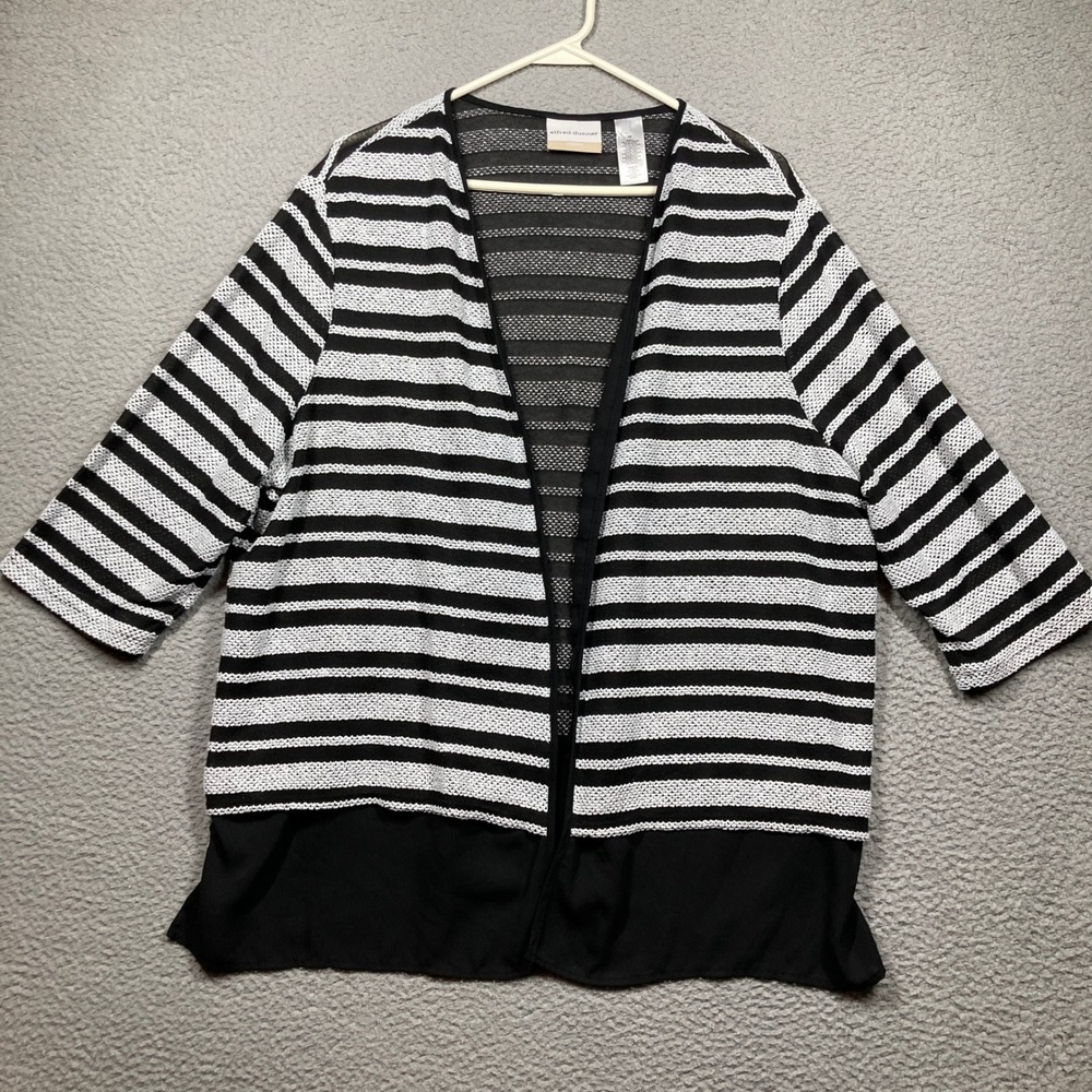 Alfred Dunner Cardigan Women 1X Black White Striped 3/4 Sleeve Layered Hem Open